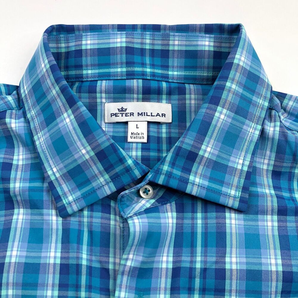 Peter Millar Mens Large Nylon Button Front Long Sleeve Plaid Casual Shirt MINT